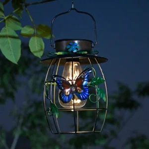 Cross-border new solar creative retro lantern ironwork butterfly tungsten filament lamp outdoor villa mesh courtyard hanging lam